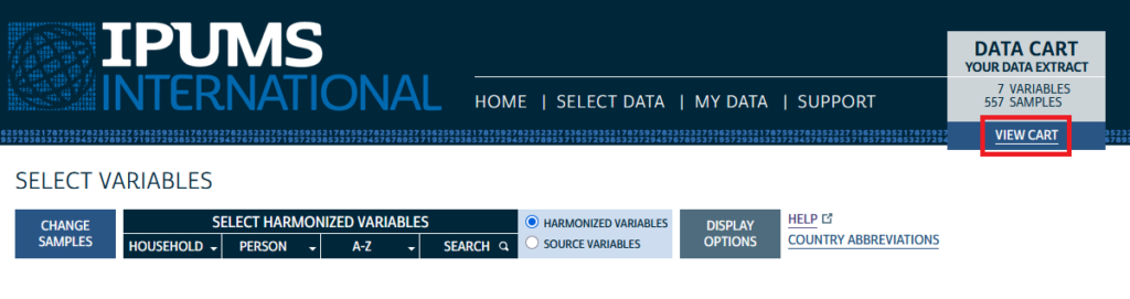 Screenshot of the Select Variables page on the IPUMS International website, with a red box drawn around the View Cart link towards the top right corner.